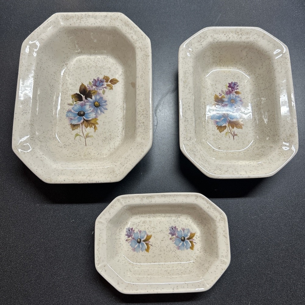 Vintage Speckled Floral Stoneware Beige Octagonal Serving Dish 3 Bowls Japan